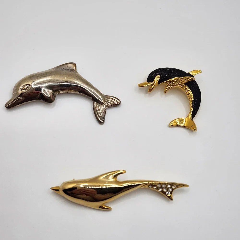 Vintage Dolphin Brooch Pin Set 3pc‎ Gold Silver Black Enamel Rhinestone Nautical